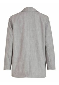 Grå blazer med en strukturerad yta, enkelknappslåsning, snedskurna slag och långa ärmar. Bakdelen har en enkel och ren design.