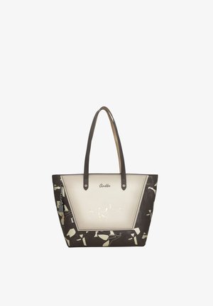 Borsa tote con lati marrone scuro decorati, pannello frontale beige con logo e testo metallico, e due spallacci marrone scuro.