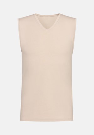 Beige mouwloze V-hals-top gemaakt van zachte stof. Soepele textuur zonder patronen of accenten, met een rechte snit en schone randen.