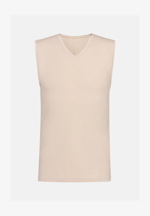 Beige mouwloze V-hals-top gemaakt van zachte stof. Soepele textuur zonder patronen of accenten, met een rechte snit en schone randen.