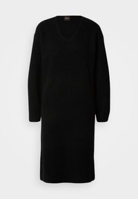 Rochie neagră tricotată, cu decolteu adânc în V, mâneci lungi și siluetă dreaptă. Fabricată dintr-un material moale, texturat. Fără modele sau accente vizibile.