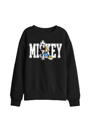 Schwarzer Sweatshirt mit dem Schriftzug „MICKEY“ und einer Cartoonfigur, die einen Fußball kickt, in die Buchstaben auf der Vorderseite integriert.