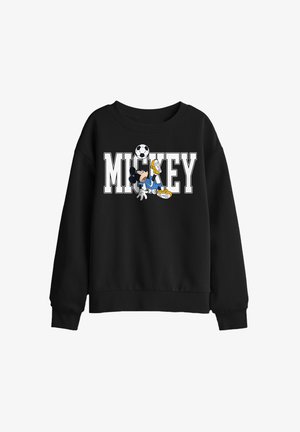Schwarzer Sweatshirt mit dem Schriftzug „MICKEY“ und einer Cartoonfigur, die einen Fußball kickt, in die Buchstaben auf der Vorderseite integriert.
