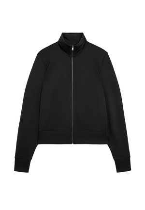 Black zip-up jacket, high collar, made of smooth fabric. Features long sleeves, ribbed cuffs, and a cropped hem.