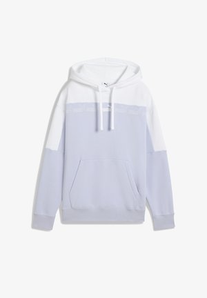 Light purple hooded sweatshirt with white accents, featuring a kangaroo pocket, drawstrings, and a logo across the chest. Soft fabric texture.