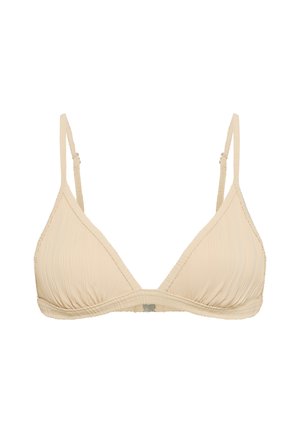 Top de bikini triangular beige con tirantes delgados ajustables y sutiles líneas verticales texturizadas, abrochado en el centro delantero.