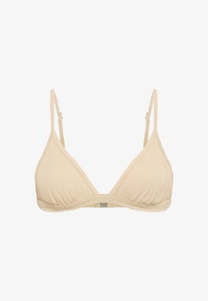 Beigen värinen kolmion muotoinen bikinien yläosa, säädettävillä ohuilla olkaimilla ja hienovaraisilla pystysuorilla tekstuureilla, kiinnitetty edestä keskeltä.