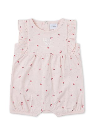 Pelele para bebé de color rosa claro con pequeños estampados de fresas, mangas con volantes, botones a presión en la entrepierna y texto "LOVE YOU berry much" en el pecho.