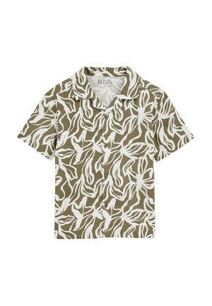 Short-sleeve shirt in olive green with a white abstract leaf pattern, collared design, and front button closures. Made from lightweight fabric.