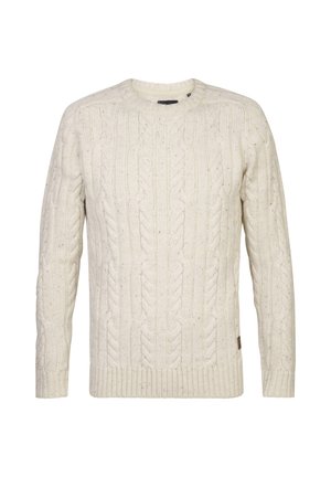 Crème kabelgebreide trui met lange mouwen, een ronde halslijn, geribde manchetten en onderrand, en een textuurpatroon met kleurvlekken.