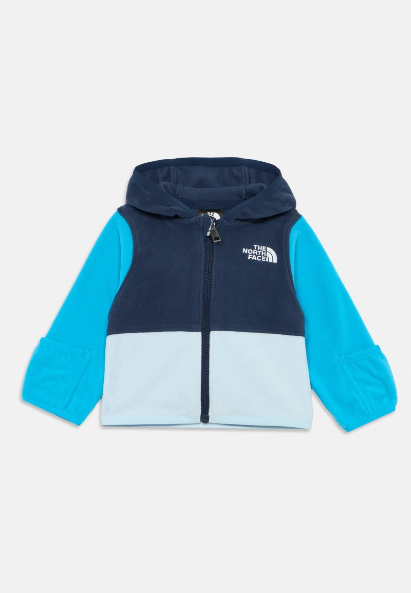 Fleece jacket with a navy and light blue color block design, featuring a hood, front zipper, and logo on the upper left side.