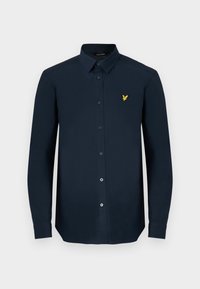 Cămașă albastru închis cu mânecă lungă, confecționată din material neted, cu un sistem de închidere prin butoane în față, guler ascuțit și un mic logo brodat galben pe piept.