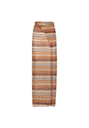 Lungo sarong marrone, beige e blu con motivo a zigzag e dettaglio nodo in alto a sinistra.
