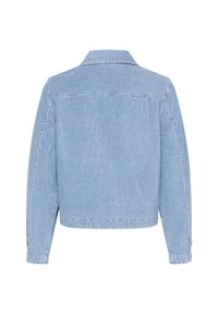 Hele helesinine teksajakk, millel on krae, pikad varrukad ja nööpidega mansetid. Omab lühikest disaini ja õrna tekstuuri.