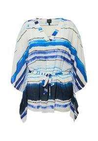 Blusa a righe blu e bianche con scollatura a V, maniche a batwing corte, vita con lacci e tonalità di blu che variano in motivi orizzontali.