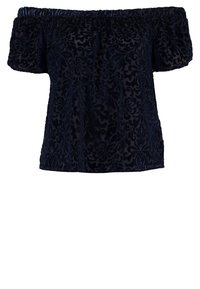 Top w kolorze ciemnonawowym odkryty na ramionach, wykonany z teksturowanego weluru, z kwiatowym wzorem i krótkimi bufiastymi rękawami. Gładkie wykończenie i elastyczny dekolt.