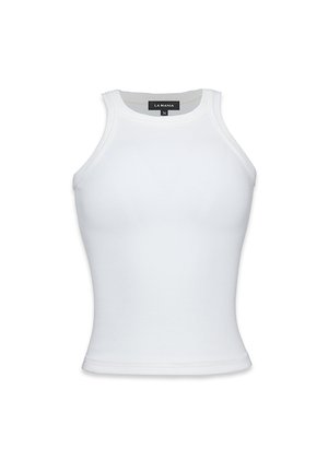 Balta be rankovių palaidinė, pagaminta iš raukšlėtos medžiagos. Turi apvalią iškirptę, prigludusį siluetą ir glotnią tekstūrą su minimaliais siūlių detalėmis.