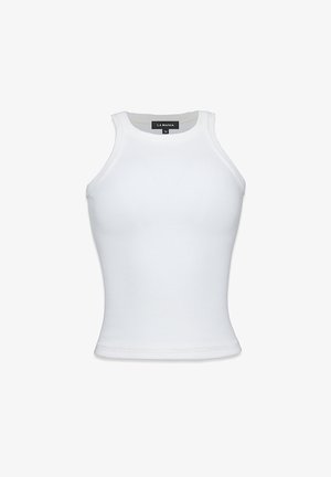 Balta be rankovių palaidinė, pagaminta iš raukšlėtos medžiagos. Turi apvalią iškirptę, prigludusį siluetą ir glotnią tekstūrą su minimaliais siūlių detalėmis.