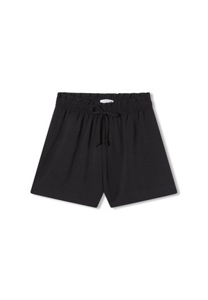 Pantaloni shorts neri realizzati in tessuto leggero, dotati di una vita elastica con cordoncino. Design semplice con una vestibilità comoda.