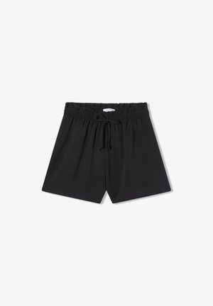 Pantaloni shorts neri realizzati in tessuto leggero, dotati di una vita elastica con cordoncino. Design semplice con una vestibilità comoda.