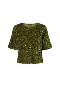 Top a maniche corte, verde oliva, realizzato in tessuto testurizzato, impreziosito da paillettes, con scollatura rotonda e vestibilità ampia.