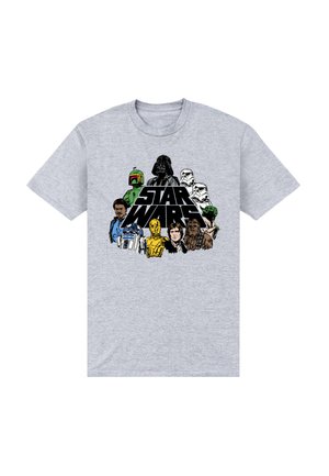 Jasnoszara koszulka z kolorowymi postaciami z Gwiezdnych Wojen, w tym Darth Vaderem, szturmowcami, Yodą, Chewbaccą, Hanem Solo, R2-D2, C-3PO, Bobą Fett i Lando Calrissianem.