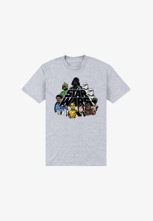 Lichtgrijs T-shirt met kleurrijke Star Wars-personages waaronder Darth Vader, Stormtroopers, Yoda, Chewbacca, Han Solo, R2-D2, C-3PO, Boba Fett en Lando Calrissian.