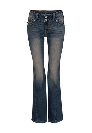 Uitlopende blauwe spijkerbroek gemaakt van denim met een vervaagde wassing. Heeft een dubbele knoopsluiting, voor- en achterzakken en contrasterende stikseldetails.