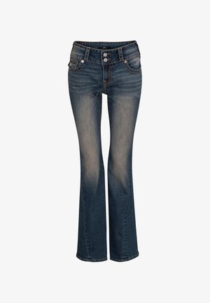 Dzwony z niebieskiego denimu z efektem wyblakłego prania. Posiadają podwójne zapięcie na guziki, kieszenie z przodu i z tyłu oraz kontrastowe przeszycia.