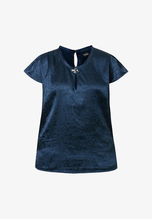 Marineblaue, kurzärmelige Bluse mit gekräuselter Textur, rundem Ausschnitt, Schlüsselloch-Ausschnitt und silberner dekorativer Schnalle vorne.