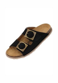 Sort slide sandal med to cirkulære guldbælter, kordfløjsremme og en brun korkfod. Tekstureret sål med hvide accenter.