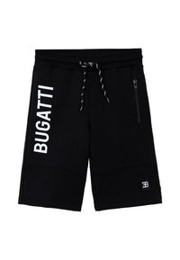 Pantaloni corti neri in cotone misto, con vita regolabile tramite cordino, tasca laterale con zip e testo bianco "BUGATTI" sulla gamba sinistra.
