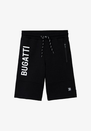 Black shorts made of cotton blend material, featuring a drawstring waist, side zipper pocket, and white "BUGATTI" text on the left leg.