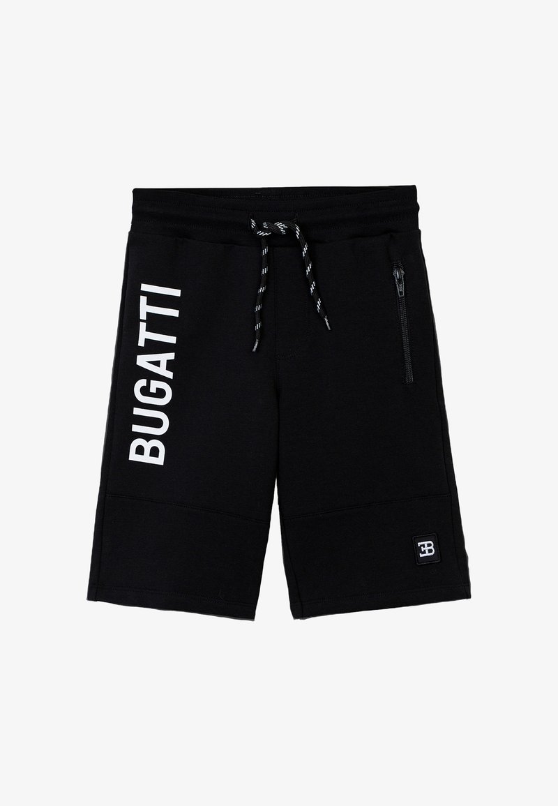Pantaloni corti neri in cotone misto, con vita regolabile tramite cordino, tasca laterale con zip e testo bianco "BUGATTI" sulla gamba sinistra.