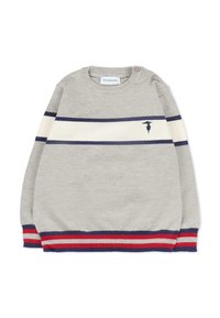 Maglione grigio con strisce orizzontali blu navy e bianche, caratterizzato da un piccolo logo, polsini a coste e un colletto rotondo con dettaglio a bottoni.