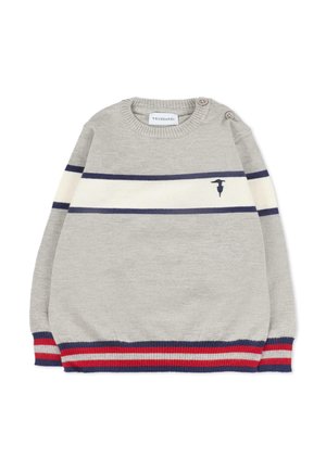 Pull gris avec des rayures horizontales bleu marine et blanches, arborant un petit logo, des poignets côtelés et un col rond avec des détails en boutons.