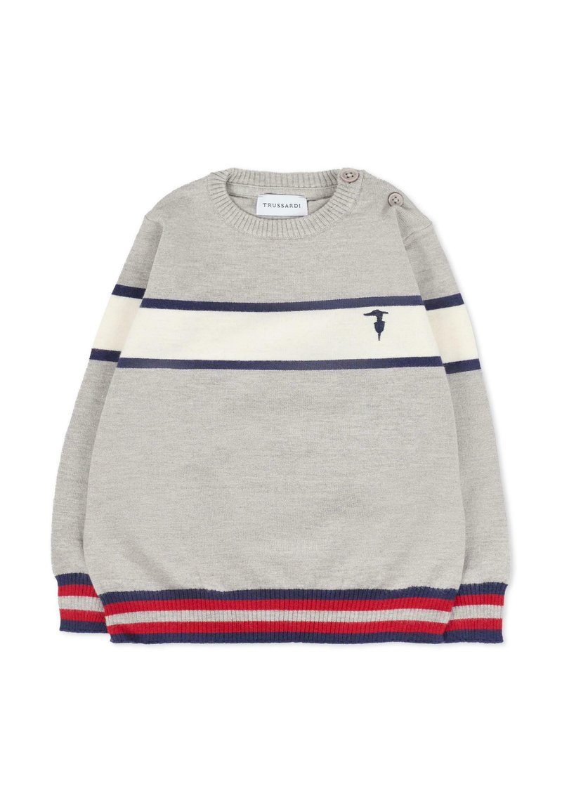 Maglione grigio con strisce orizzontali blu navy e bianche, caratterizzato da un piccolo logo, polsini a coste e un colletto rotondo con dettaglio a bottoni.
