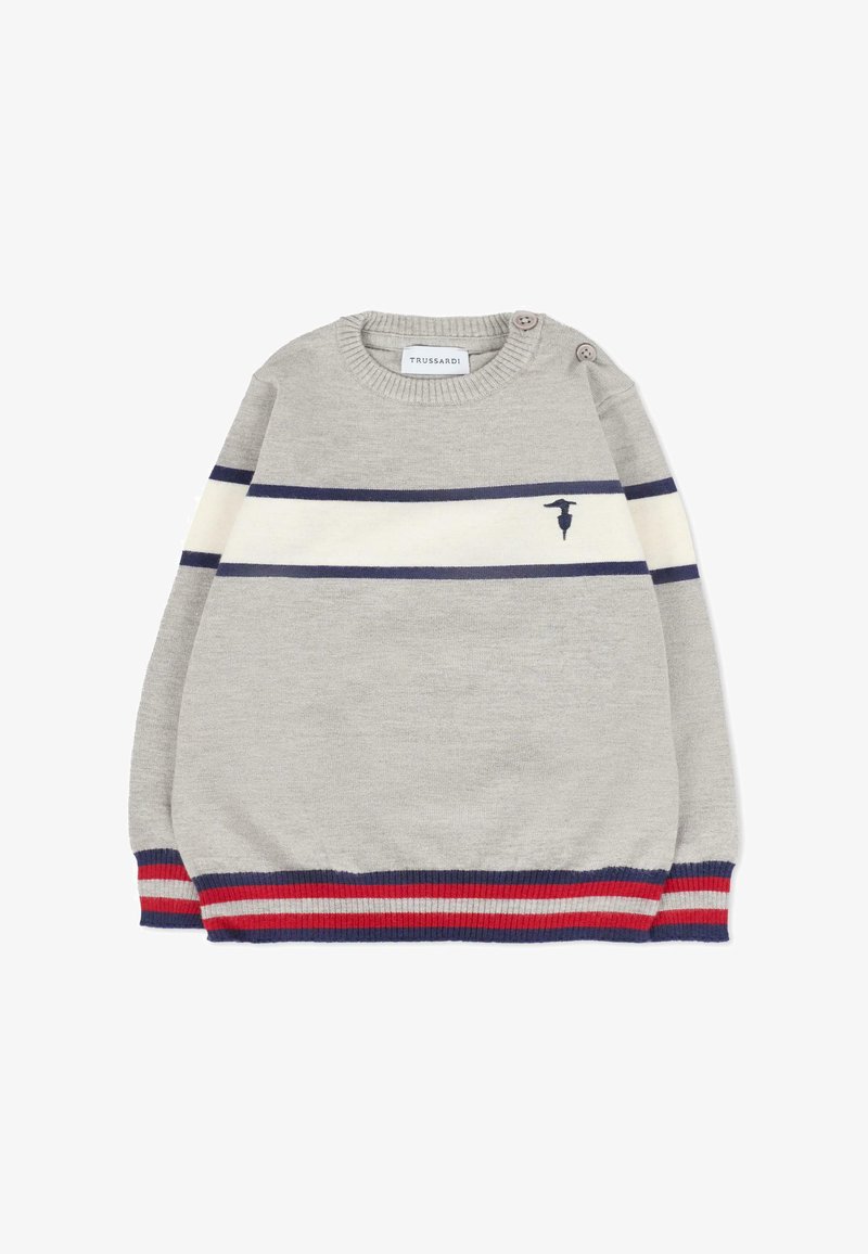 Szary sweter w granatowe i białe poziome paski, z małym logo, ściągaczami przy mankietach oraz okrągłym dekoltem z detalem w postaci guzików.