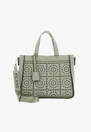 Green perforated synthetic handbag with dual handles, detachable shoulder strap, and square pattern featuring circular cutouts.