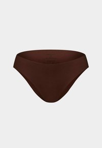 Bruine bikini slip met een naadloos ontwerp, gemaakt van zachte, rekbare stof. Heeft een brede tailleband en minimale bedekking.