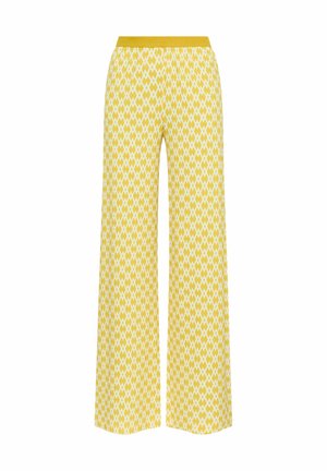 Pantaloni a gamba larga gialli e bianchi con fantasia e vita elasticizzata, mostrati su sfondo bianco.