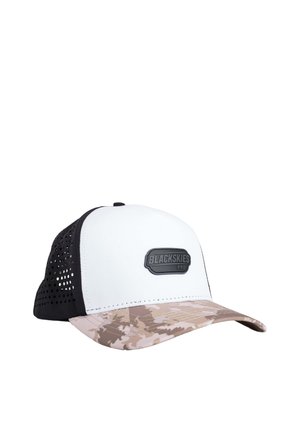 White and black mesh baseball cap with a beige digital camo brim and a rectangular "BLACKSKIES PRO" logo patch on the front panel.