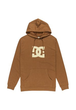 Brązowa bluza z kapturem z przednią kieszenią, z dużym beżowym logo DC na środku. Wykonana z miękkiego, teksturowanego materiału.