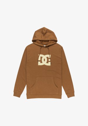 Bruine hoodie met een voorkantzak en een groot beige DC-logo in het midden. Gemaakt van zachte, gestructureerde stof.