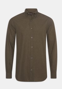 Olijfgroene blouse met lange mouwen en knopen, voorzien van een kleine kraag, gemaakt van textuurstof. Heeft zeven knopen aan de voorkant en taps toelopende manchetten.