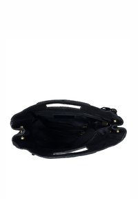 Czarna torebka zamszowa z dużym otwarciem, wyposażona w złote okucia, materiałową podszewkę oraz liczne wewnętrzne kieszenie ułatwiające organizację.