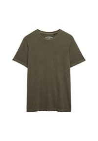 Krótki rękaw, koszulka bawełniana w oliwkowo-zielonym kolorze z okrągłym dekoltem, gładka, z widocznym przeszyciem przy rękawach i dole.
