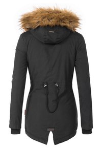 Black parka jacket with a faux fur-lined hood, drawstring waist, and elastic cuffs. Features a curved hem and branded tag at the back.