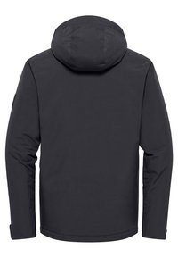 Veste isolante noire avec capuche, présentant une texture lisse, un design léger, et une fermeture à pression aux poignets pour un ajustement personnalisé.