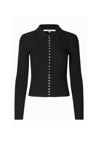 Svart ribbad långärmad cardigan med spetsig krage och en vertikal rad av små runda silverknappar framtill.